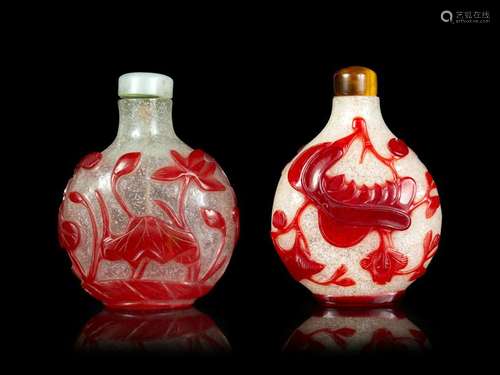 Two Red Overlay 'Snowflake' Ground Glass Snuff Bottles