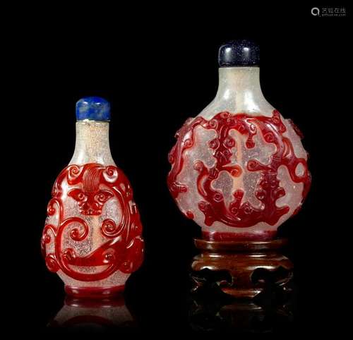 Two Red Overlay 'Snowflake' Ground Glass 'Chilong'