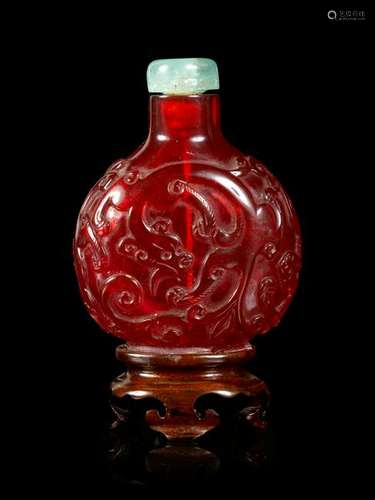 A Well-Carved Ruby Red Glass Snuff Bottle Height 2 1/2