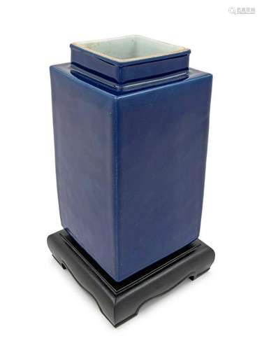 A Blue Glazed Porcelain Square Vase Height 9 3/4 in.,