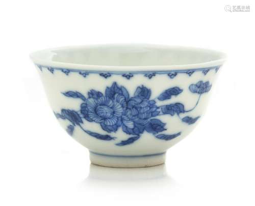 A Blue and White 'Peony' Porcelain Cup Height 1 7/8