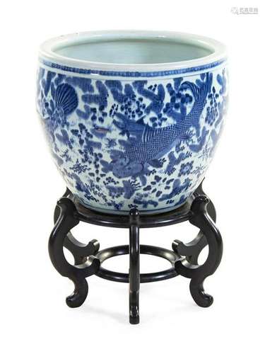 A Large Blue and White Porcelain Fish Bowl Height 18