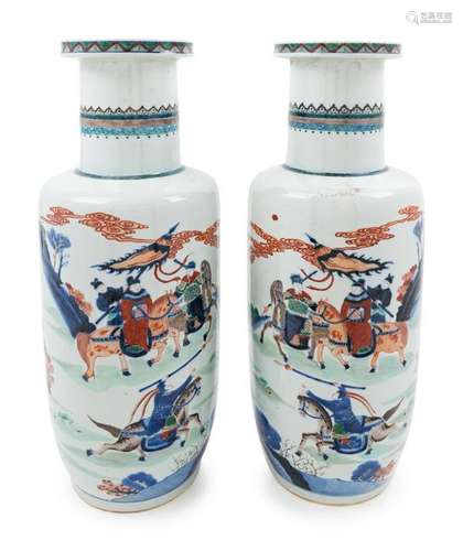 A Pair of Underglazed Blue and Wucai Porcelain Rouleau