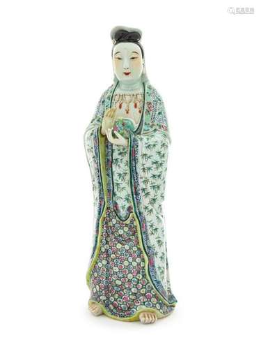 A Large Famille Verte Porcelain Figure of Guanyin