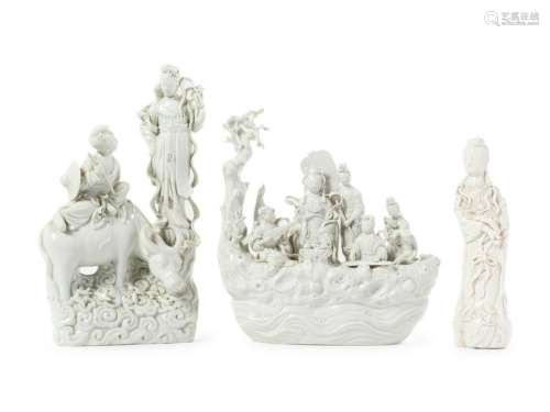 Three Blanc-de-Chine Porcelain Figural Groups Tallest: