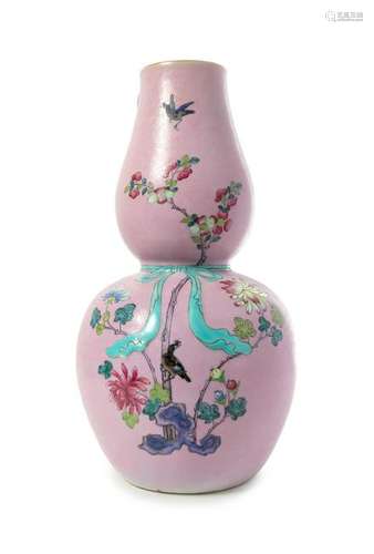 A Pink Ground Famille Rose Gourd-Form Vase Height 16