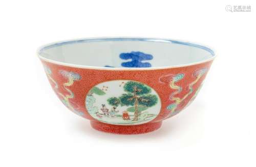 A Ruby-Ground Famille Rose Sgraffiato Porcelain Bowl