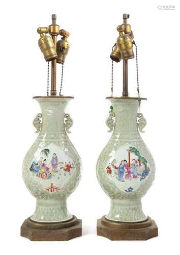 A Pair of Celadon Ground Famille Rose Porcelain Vases