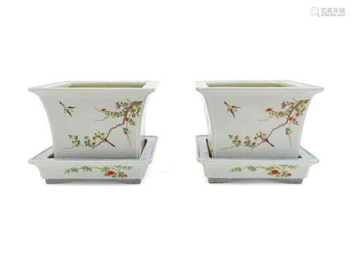 A Pair of Famille Rose Porcelain Square Flower Pots and