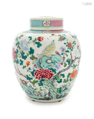 A Famille Rose Porcelain Covered Jar Overall: height 11