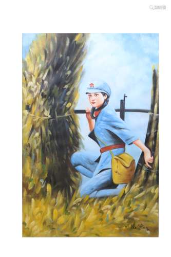 近现代 何孔德 红军女战士油画