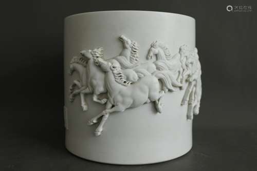 A Chinese White Glazed Porcelain Brush Pot, Wang Bingrong Mark