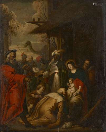 Attribué à Caspar van der Hoecke Actif à Anvers entre 1595 et 1641 L Adoration des Mages Huile sur toile marouflée sur panneau