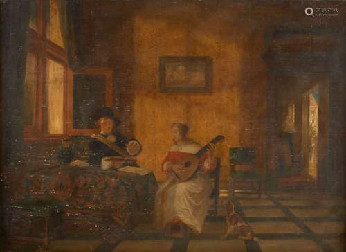 Ecole belge romantique D après un maître du XVIIe siècle La leçon de musique Huile sur panneau parqueté