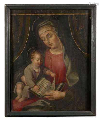 Ecole flamande du XVIIe siècle  La Vierge à l Enfant tenant un livre Huile sur panneau, trois planches, renforcé