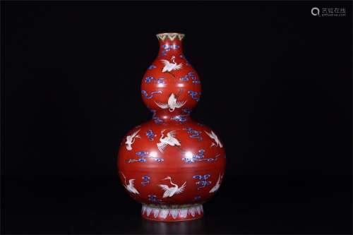 A Chinese Red Glazed Famille-Rose Porcelain Double Gourd Vase