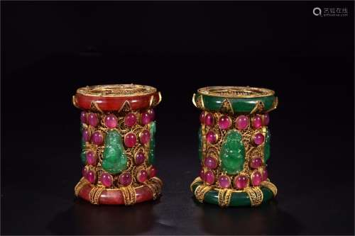 A Pair of Chinese Gilt Silver Cans with Inlaid