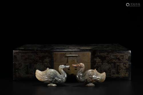 A Pair of Chinese Carved Jade Ducks Decorations