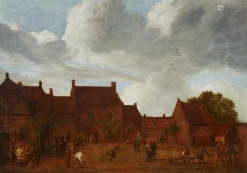 David Teniers d. J., NachfolgeTrinkende und bocciaspielende Bauern vor einem GehöftÖl auf Holz. 50 x