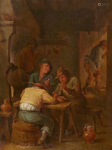 David Teniers d. J., NachfolgeInterieur mit rauchenden BauernÖl auf Holz. 30 x 22 cm.Bezeichnet