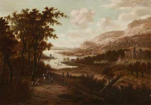 Dionys VerburgWeite Flusslandschaft mit rastenden ReiternÖl auf Holz. 59 x 84 cm.Monogrammiert unten