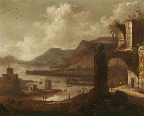 Dirck VerhaertFlusslandschaft mit Wachtürmen und RuineÖl auf Holz. 35 x 44 cm.Monogrammiert unten