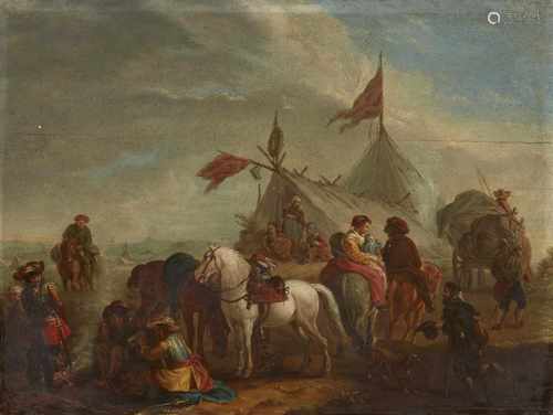 Philips Wouwerman, nachFeldlager mit Pferden und Soldaten vor einem LagerfeuerÖl auf Holz. 36 x 48