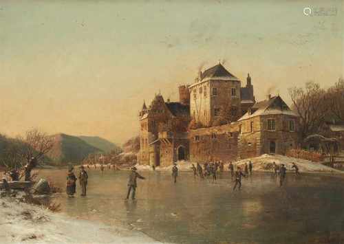 Johannes Bartholomäus DuntzeWinterlandschaft mit Schlittschuhläufern vor einer BurgÖl auf