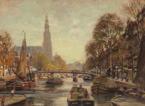 Heinrich HermannsGracht in Amsterdam mit Blick auf die WesterkerkÖl auf Leinwand. 45 x 62 cm.