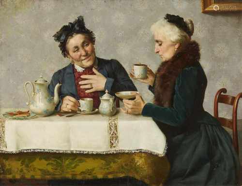 Theodor HildebrandtZwei Damen am KaffeetischÖl auf Leinwand, auf Karton aufgezogen. 44 x 57,5 cm.