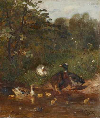 Carl Jutz d. Ä.Enten an einem TeichÖl auf Holz. 12 x 10 cm.Signiert unten rechts: C. Jutz.