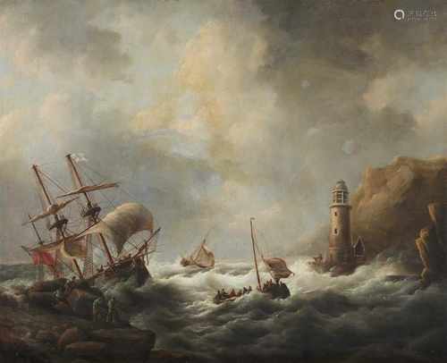 Christiaan Cornelis KannemansSegelschiff und Segelboote auf stürmischer SeeÖl auf Leinwand (