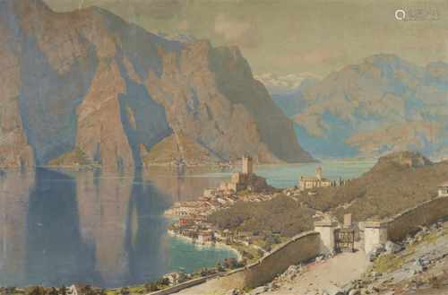 Erich KipsBlick auf Malcesine am Gardasee mit der ScaligerburgÖl auf Leinwand. 99 x 149 cm.