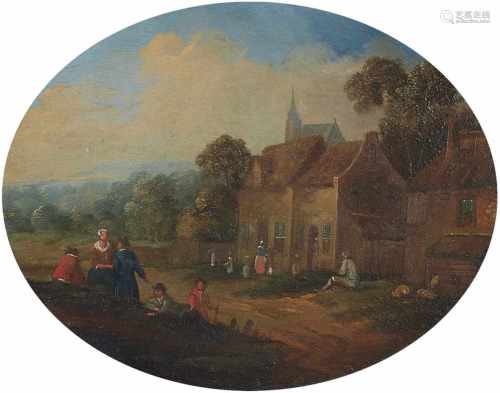 Jan Frans van BredaelLandschaft mit einem Dorf und bäuerlicher StaffageÖl auf Kupfer. 11,5 x 15