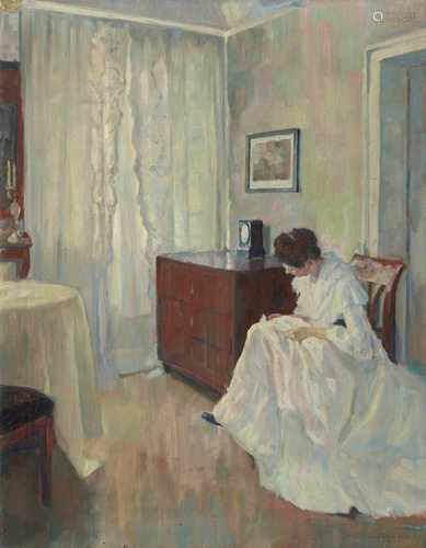 Josef Kühn d. J.Interieur mit Dame bei der HandarbeitÖl auf Leinwand. 90,5 x 70 cm.Signiert unten