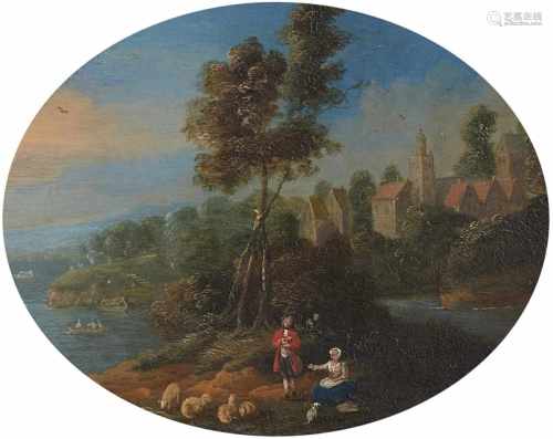 Jan Frans van BredaelKüstenlandschaft mit einem SchäferpaarÖl auf Kupfer. 11,5 x 14,5 cm (oval).