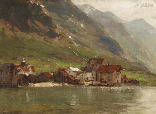 Georg Anton RasmussenMotiv aus Gudvangen in NorwegenÖl auf Leinwand, auf Holz aufgezogen. 39 x 53,