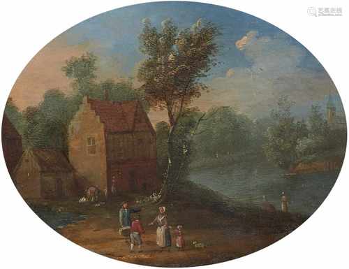 Jan Pieter van Bredael d. J.Kleine Flusslandschaft mit hohem Fachwerkhaus und StaffageÖl auf Kupfer.