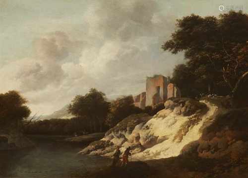 Jan van AkenFlusslandschaft mit Ruine, Angler und HirtenÖl auf Holz, parkettiert. 48 x 68 cm.