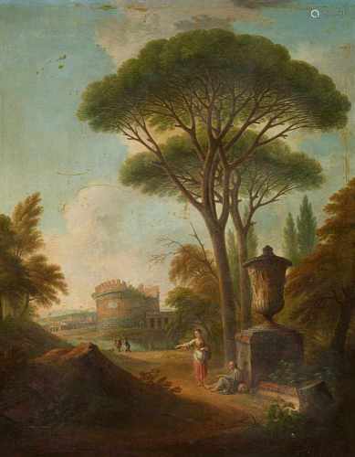 Paolo Anesi, zugeschriebenSüdliche Landschaft mit antiken Ruinen und KiefernÖl auf Leinwand (