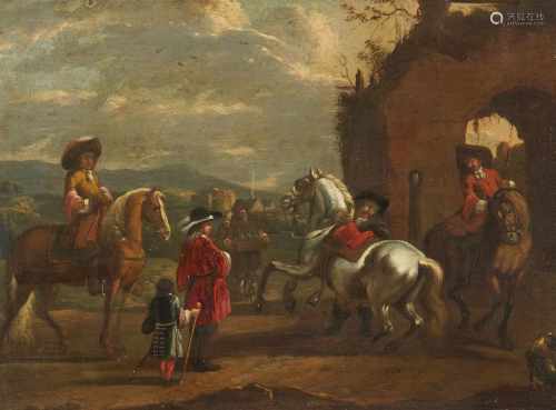 Carel van Falens, zugeschriebenLandschaft mit Reitern und einem StraßenhändlerÖl auf Holz. 26 x 35