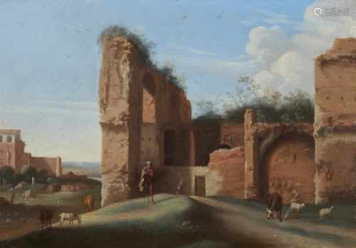 Flämischer Meister des 17. JahrhundertsSüdliche Landschaft mit antiken RuinenÖl auf Kupfer. 14 x