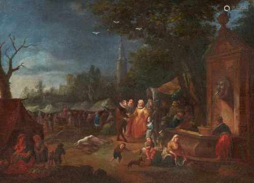 Flämischer Meister um 1700Zwei Kirmesbilder:Vornehme Gesellschaft auf einem VolksfestBerÖl auf