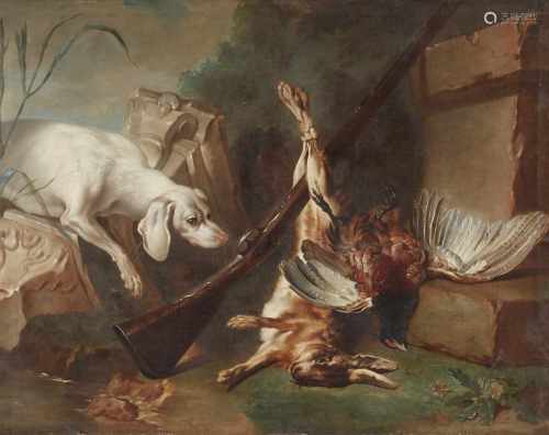 Französischer Meister des 18. JahrhundertsJagdstillleben mit Hund, Hase und RebhuhnÖl auf
