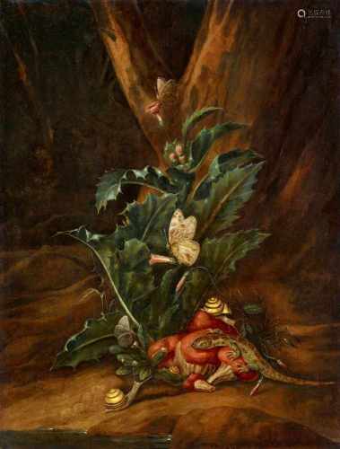 Carl Wilhelm de HamiltonWaldbodenstillleben mit einer Distel, Pilzen, Schnecken und einer EidechÖl