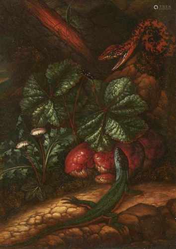 Carl Wilhelm de HamiltonWaldbodenstillleben mit Schlange, Eidechse und WespeÖl auf Holz. 23 x 16