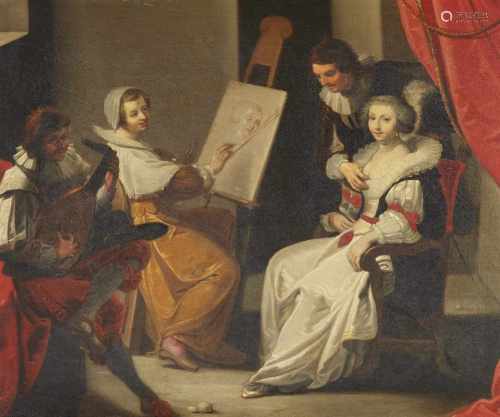Holländischer Meister des 17. JahrhundertsInterieur mit Malerin, Modell und Lautenspieler (AllegÖl