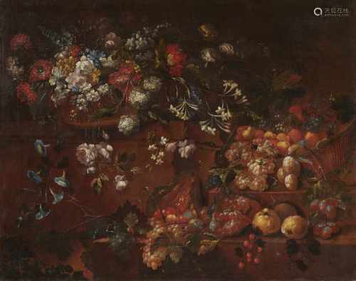 Italienischer Meister des 17. JahrhundertsGroßes Stillleben mit Blumen und FrüchtenÖl auf