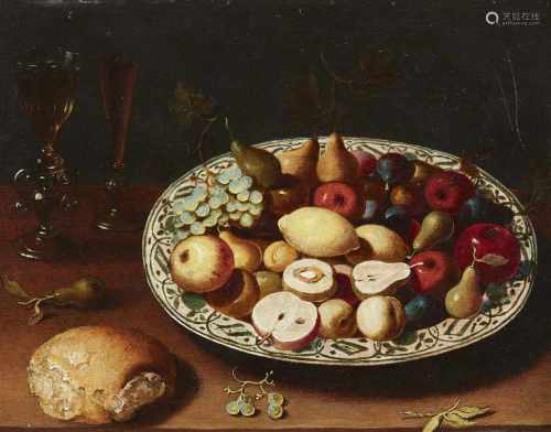 Ossias Beert, UmkreisStillleben mit Früchten in einer Porzellanschale, Gläsern und einem BrotÖl