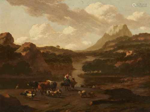 Abraham Jansz BegeynLandschaft mit HirtenÖl auf Holz. 36,5 x 48,5 cm.Signiert und datiert unten